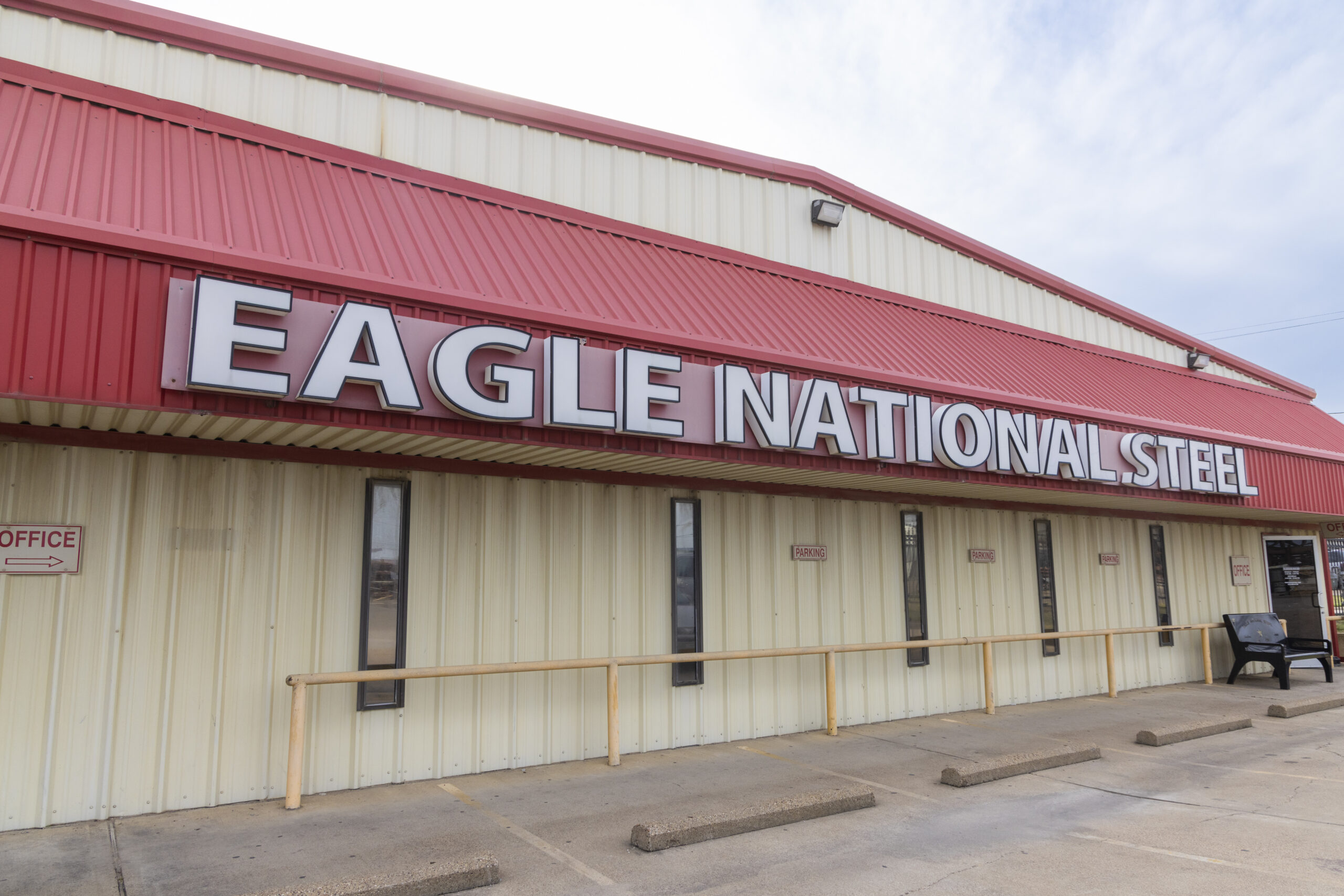 The front of the Eagle National Steel building in Hutchings, Texas.